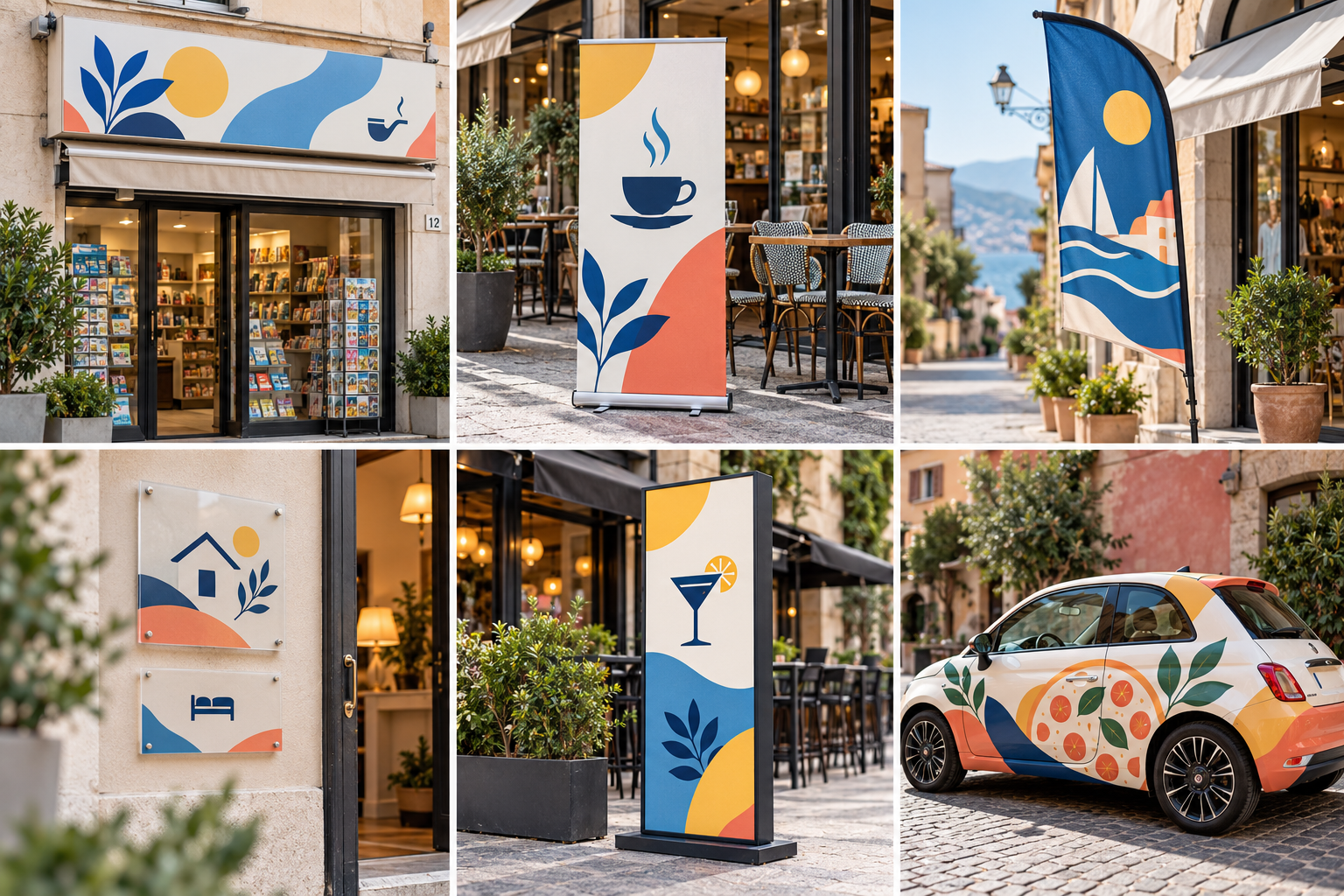 Collage di pannelli in PVC, roll-up, bandiera, targhe in plexiglass, totem e car wrapping